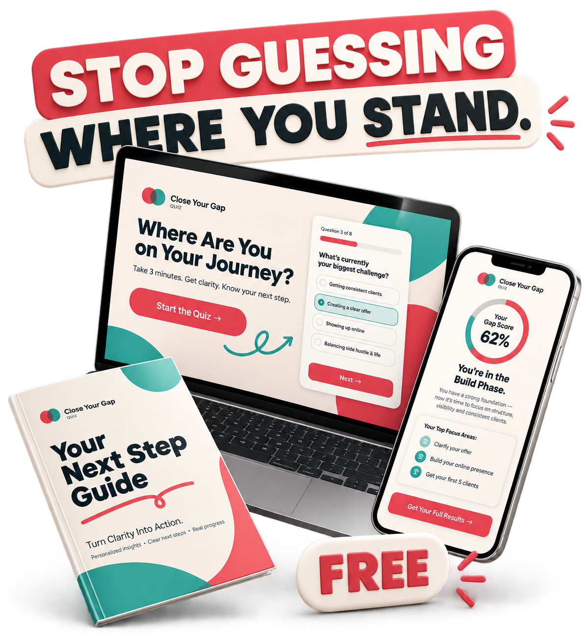 Funnel-Check — Quiz am Laptop, Ergebnis am Smartphone und gedruckter Leitfaden mit der Checkliste